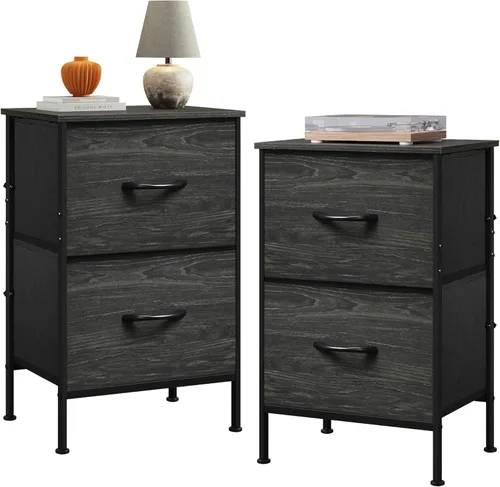Miniatura 19 de WLIVE Mesita de noche negra, cómoda pequeña con 2 cajones y superficie de madera, mesita de noche con cestas de tela, mesa de cabecera mesa auxiliar