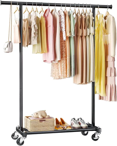 Perchero para colgar ropa, 45 pulgadas de ancho, perchero de metal con ruedas, perchero portátil para dormitorio, lavandería, color negro