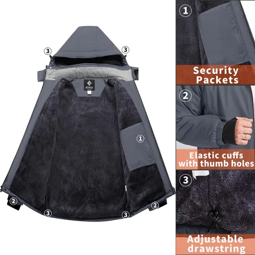 Miniatura 4 de Chaqueta de esquí para hombre, impermeable, con forro polar cálido, forro de nieve, para montaña, con capucha, resistente al viento, chubasquero