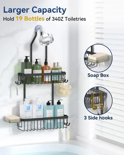 Miniatura 3 de YASONIC Organizador de Ducha Colgante, Organizador de Ducha Antióxido Colgante, Estantes de Ducha de Aluminio para Interior de Ducha con Ganchos
