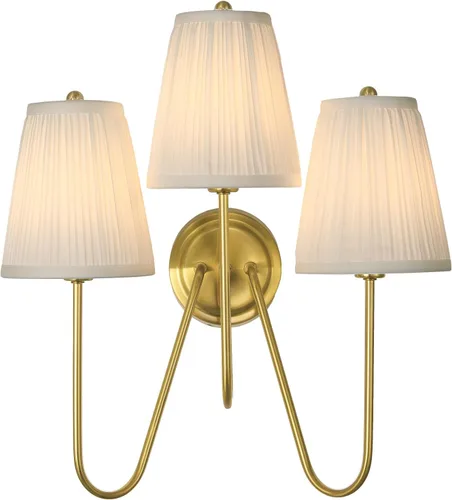 Miniatura 12 de Electro bp; Elegantes apliques de pared individuales con pantallas de lámpara de brocado plisado blanco y brazo curvo de metal dorado pulido, luz