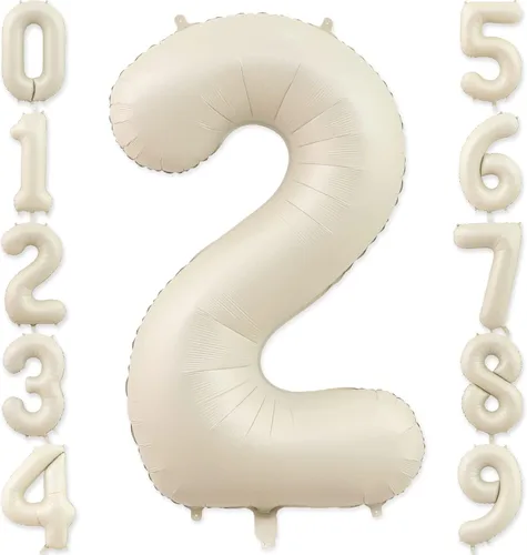 Globos con el número 2, 2 globos, 2 globos de número 40 pulgadas, color blanco arena, grandes globos de aluminio para 2 fiestas de cumpleaños, Arena