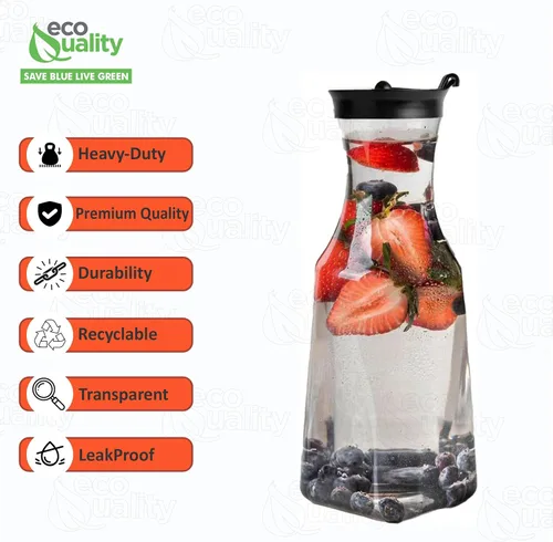 Miniatura 2 de EcoQuality Jarra de agua de plástico transparente de 54 onzas con tapa superior abatible negra, botella de base cuadrada con boquilla para barra