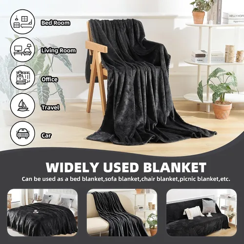 Miniatura 7 de Manta de Forro Polar Negro para Sofá, Silla, Sillón, Suave, Cálida, Mullida y Acogedora para Mujeres y Hombres, 300GSM Decoración de Habitación