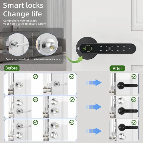 Miniatura 5 de Cerradura de puerta de huellas dactilares, perilla inteligente 5 en 1 con asa, entrada biométrica sin llave con teclado y aplicación para puertas
