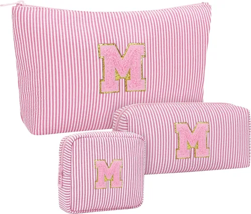 Miniatura 28 de Juego de bolsas de maquillaje con iniciales para niñas y mujeres, bolsa de cosméticos con monograma con soporte para cepillos, estuche de maquillaje