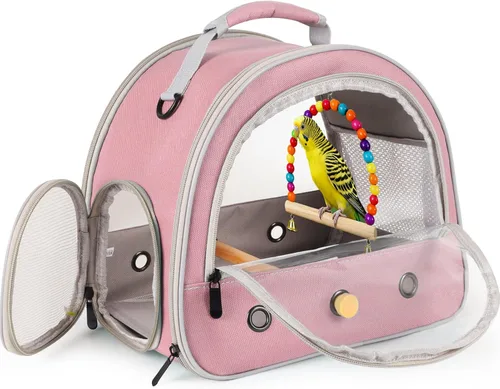 Miniatura 12 de Jaula portátil de viaje para loros con juguete pequeño oscilante y jaula, juego de juguetes coloridos para pájaros pequeños, bolsa de periquito