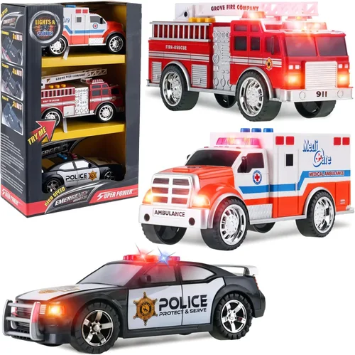 Miniatura 7 de Juego de vehículos de emergencia de juguete para niños con luces y sonidos (camión de bomberos, automóvil de policía y ambulancia) 3 en 1
