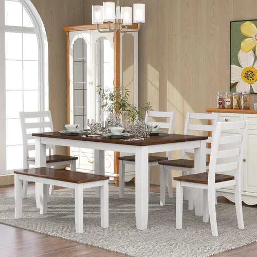 Miniatura 11 de Harper & Bright Designs Juego de mesa de comedor de granja de 6 piezas con banco, mesa de comedor de madera con 4 sillas y un banco para cocina