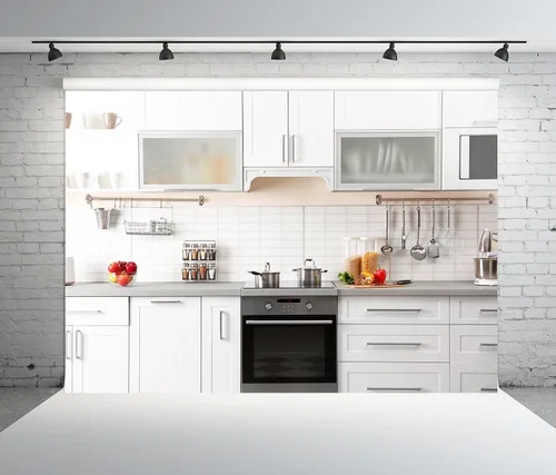 BELECO Telón de fondo de cocina de tela de 5 x 3 pies, fotografía de casa moderna, fondo blanco de pared para hornear, cocina, decoración de fiesta,