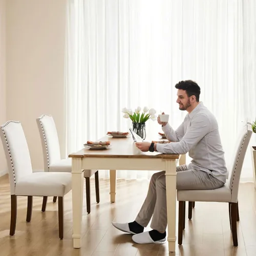 Miniatura 7 de Juego de 2 sillas de cocina modernas tapizadas de tela con ribete de clavos y soporte lumbar ergonómico para sala de estar y comedor rústico