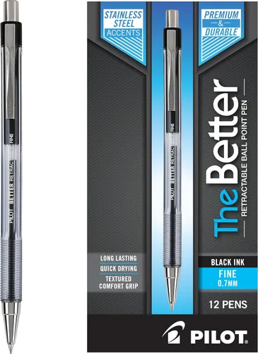 PILOT Pen 30000 The Better Ball Point Pen Bolígrafos de punta de bola recargables y retráctiles, punta fina, tinta negra, paquete de 12 unidades De