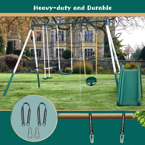 Miniatura 7 de KINSPORY Asiento de columpio para niños pequeños, respaldo alto de alta resistencia, columpio para bebé totalmente montado, cadena de hierro, Verde