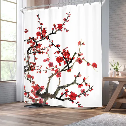 Miniatura 3 de Cortina de ducha floral roja para baño, 60 pulgadas de ancho x 72 pulgadas de largo, flor de cerezo, ciruela, estética asiática, japonesa, acuarela