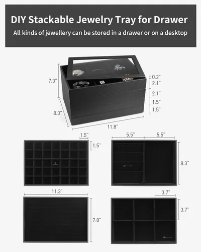 Miniatura 4 de Vlando Bandeja de joyería, caja organizadora de joyas apilable para cajón, aparador de armario, collar, aretes, anillos, pulseras para mujeres