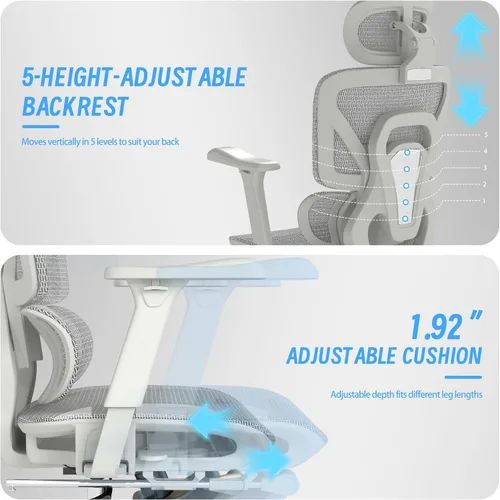 Miniatura 7 de Silla de oficina ergonómica con reposapiés, silla de computadora de malla de respaldo alto con soporte lumbar, altura del respaldo de 5 niveles