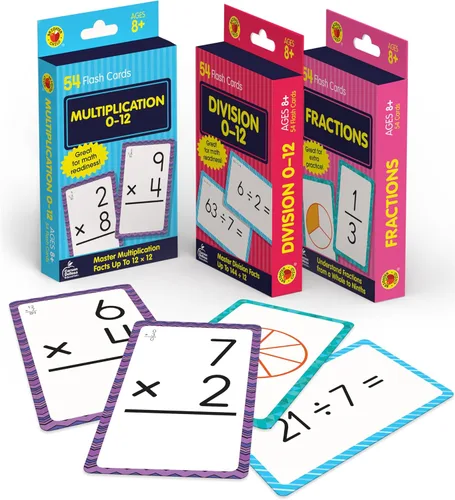 Carson Dellosa Education Tarjetas flash de división, fracciones y multiplicación, 3 juegos de tarjetas didácticas, juegos de matemáticas para niños