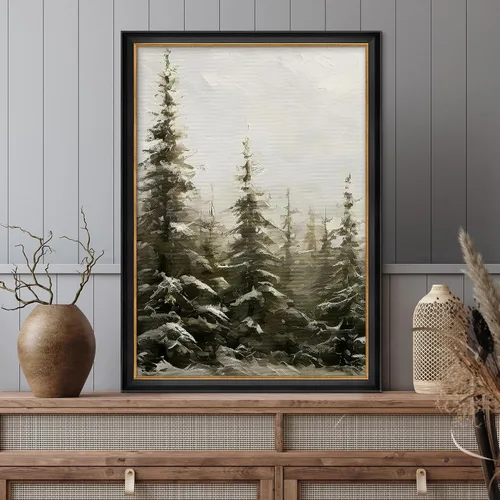 Miniatura 2 de MUDECOR Lienzo enmarcado prémium para pared, pinos nevados en bosque de invierno, ilustraciones modernas, arte contemporáneo, escénico, divertido