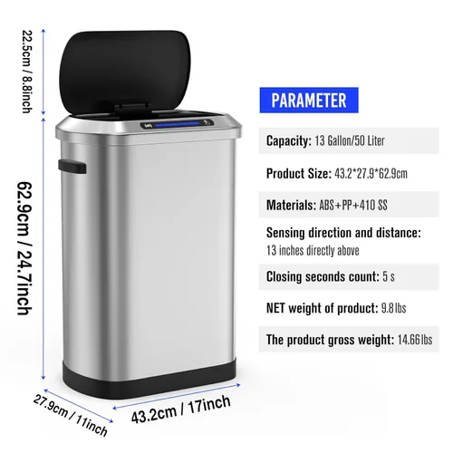 Miniatura 2 de Bote de basura automático inteligente de 13 galones con tapa de sensor de movimiento, cubo de basura de acero inoxidable de 50 litros sin contacto