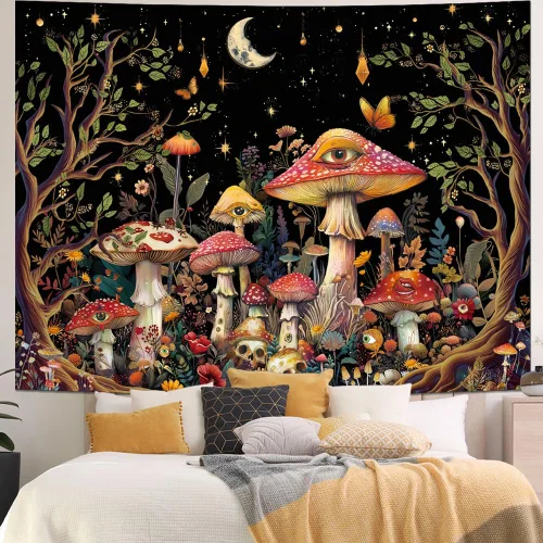Miniatura 4 de Generleo Tapiz de hongos con luz negra, tapiz floral de plantas hippie reactivas a los rayos UV, tapices de luna de árbol malvado de ojo, decoración