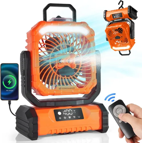 Miniatura 2 de Odoland Ventilador de nebulización portátil con luz, batería recargable de 30000 mAh, ventilador de campamento con 2 pulverizadores, ventilador