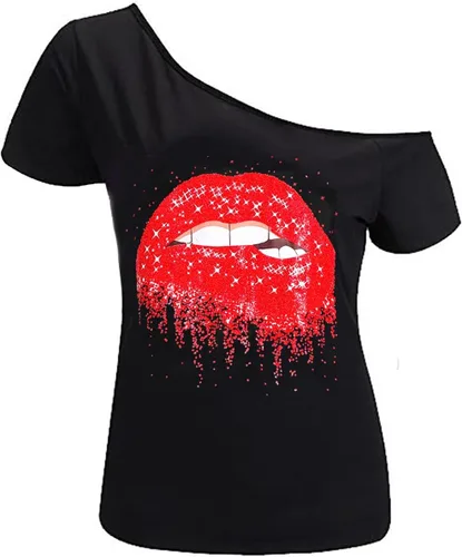 Miniatura 82 de MAGICMK - Camiseta casual para mujer, con estampado de labios y hombro descubierto, talla extragrande