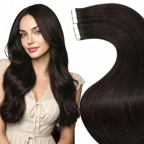 Miniatura 26 de LaaVoo Extensiones adhesivas de cabello humano real, color negro azabache, extensiones de cabello humano liso y sedoso, 10 pulgadas, 20