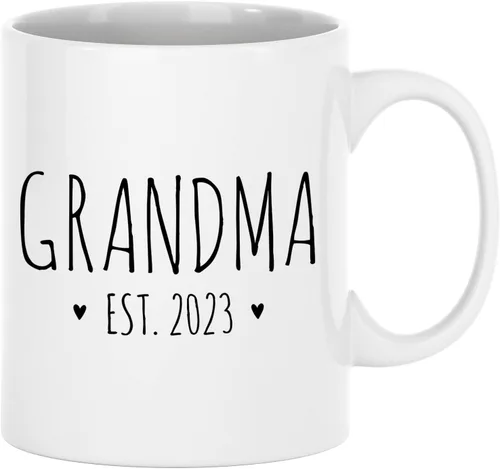 Taza con texto en inglés "Grandma Est 2023", diseño promocionado para abuelas, con anuncio de embarazo, 11 onzas, cerámica, color blanco