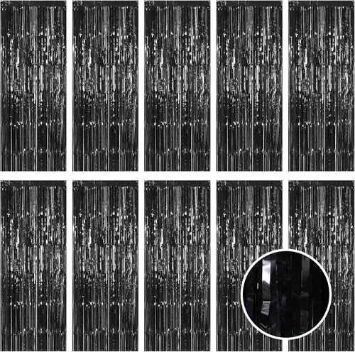 Miniatura 19 de Paquete de 5 cortinas de papel de aluminio negro de 3.2 x 9.8 pies, cortinas de oropel metálico con flecos, telón de fondo para cabina de fotos