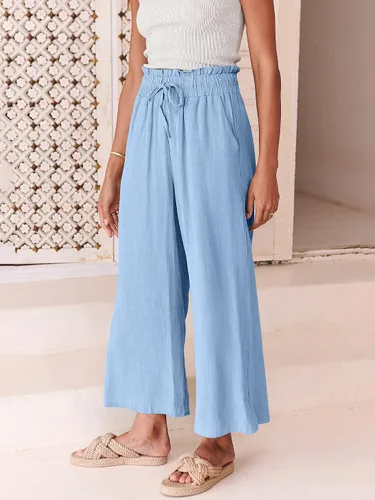 Miniatura 8 de ANRABESS Pantalones de lino para mujer, estilo casual, holgados, cintura alta, cordón de pierna ancha, pantalones capri palazzo con bolsillos
