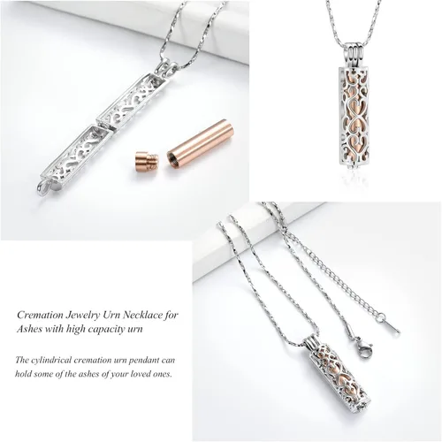 Miniatura 39 de Imrsanl Collar con colgante de urna de cremación con vial de cilindro hueco, urna de recuerdo, joyería de cremación, medallones conmemorativos