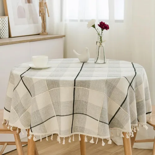 ColorBird Mantel redondo bordado a cuadros con borlas de lino de algodón, a prueba de polvo, para decoración de mesa de cocina, comedor (redondo, 60