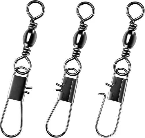 Alwonder Paquete de 100 unidades de barril de pesca giratorios con broches de presión, aparejos de pesca de acero inoxidable seguro entrelazado de