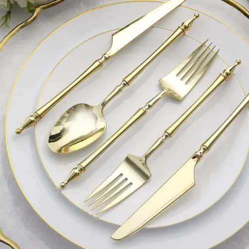 Miniatura 2 de Efavormart - Juego de 24 utensilios de plástico europeo con purpurina dorada con mango de columna romana, tenedor, cuchara y cuchillo desechables