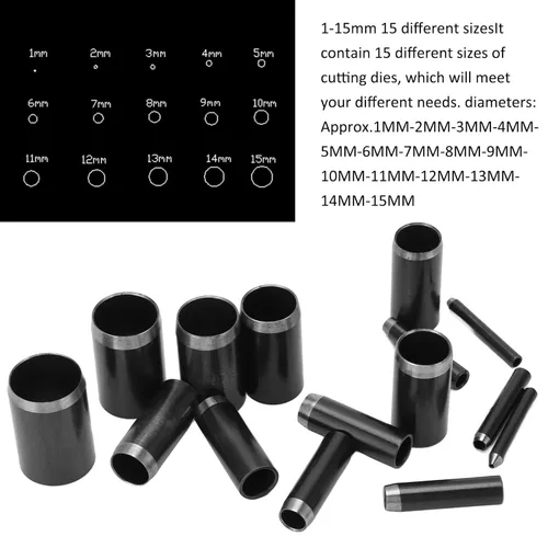 Miniatura 2 de Tissting Juego de 15 perforadores de cuero, 0.039-0.591 in, 15 tamaños, herramienta de troquelado para correa de reloj, cartera, cinturón, lona