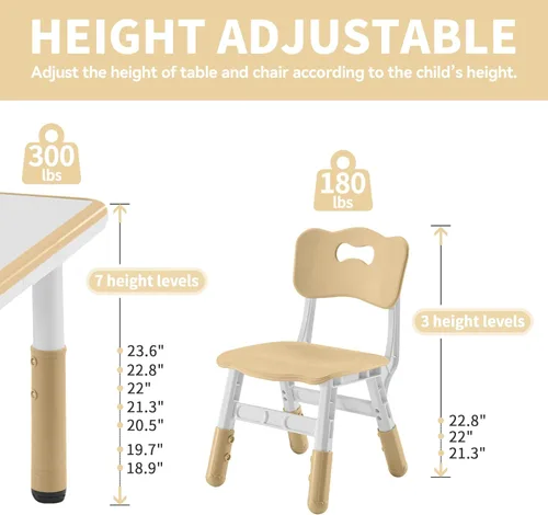 Miniatura 2 de DOREROOM Juego de Mesa y Sillas para Niños Pequeños para 4, 47.2''L x 23.6''A Juego de Mesa y Sillas de Estudio para Niños, Altura Ajustable, Beige