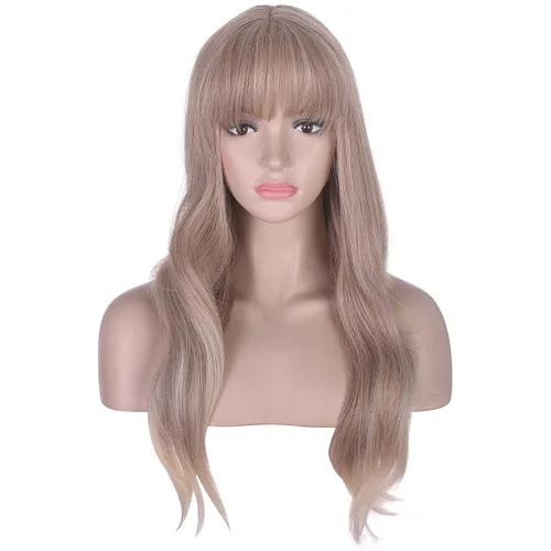 Miniatura 8 de morvally Peluca larga ondulada con flequillo para mujer, cabello sintético moreno, resistente al calor, aspecto natural para uso diario