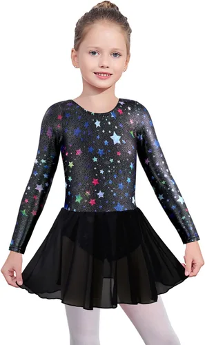 Miniatura 94 de EQSJIU Leotardo de baile de manga larga para niñas, vestido de ballet brillante con copo de nieve, tutú con falda tutú para niñas