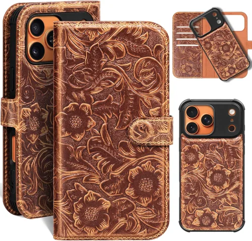 Miniatura 29 de Funda de cuero compatible con iPhone 16 Pro Max Cartera 6.9", cuero genuino 2 en 1, magnética, desmontable, a prueba de golpes, funda tipo folio