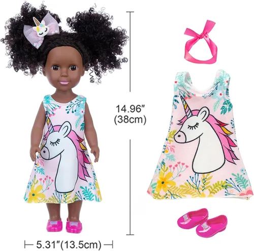 Miniatura 3 de ZQDOLL Muñeca negra y muñeca negra de 14.5 pulgadas de silicona afroamericana con 2 juegos de ropa y equipo de viaje, cámara, mochila, lentes, etc.