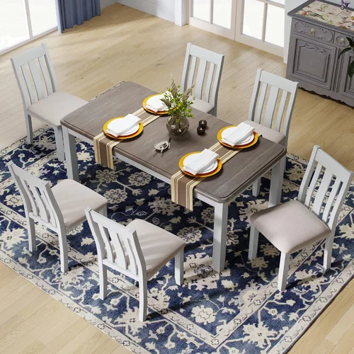 Miniatura 10 de Juego de mesa de comedor compacto de 6 piezas, juego de mesa de comedor de cocina de madera maciza con 4 sillas ergonómicas acolchadas y banco, mesa