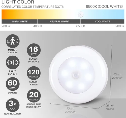 Miniatura 4 de STAR-SPANGLED Paquete de 3 luces con sensor de movimiento de 2.8 pulgadas para interiores, funciona con pilas AAA, luz LED para pegar en escaleras