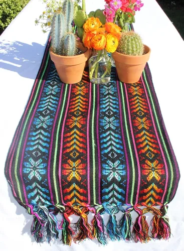 Miniatura 3 de Del Mex Bufanda de camino de mesa mexicana tejida estilo Rebozo (negro)