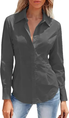 Miniatura 17 de Camisas con botones para mujer ajustadas, camisa de vestir de manga larga, blusa con cuello, camisa de trabajo, para negocios, para oficina, atuendo