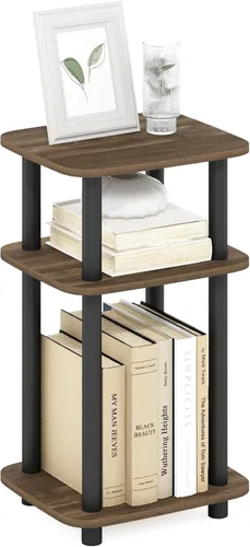Furinno JUST - Mesa auxiliar lateral, mesa auxiliar de 3 niveles con tubo de giro N, estante abierto, mesita de noche de esquina curva redonda,