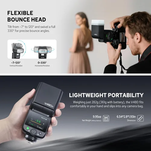 Miniatura 12 de Godox V480-S V480 Flash para Sony, Speedlite con Pantalla Táctil, GN50 de Alta Salida, Carga USB-C, Reciclaje Rápido de 1.7s, 650 Parpadeos