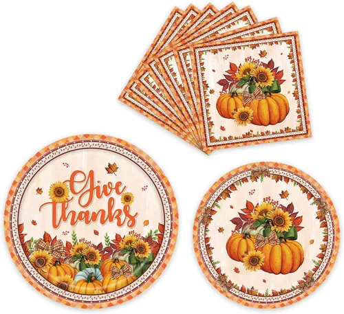 Miniatura 8 de Juego de platos y servilletas de Acción de Gracias, suministros de calabaza de hoja de arce para fiesta de otoño, decoraciones de Acción de Gracias