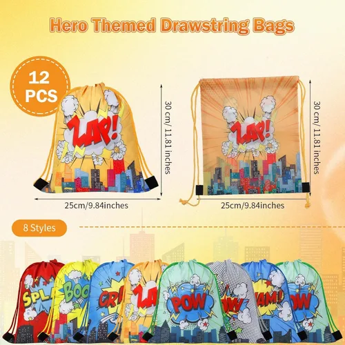 Miniatura 2 de Clabby 12 mochilas con cordón para fiesta de héroes a granel, bolsas de regalo, bolsas de regalo de cómics Boom para fiesta de cumpleaños
