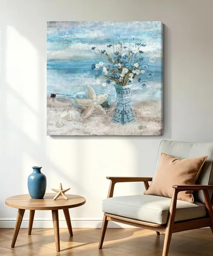 Miniatura 32 de Arte de pared para decoración de baño, imagen de playa azul, tema oceánico, impresión en lienzo de flores, pintura moderna de paisaje marino