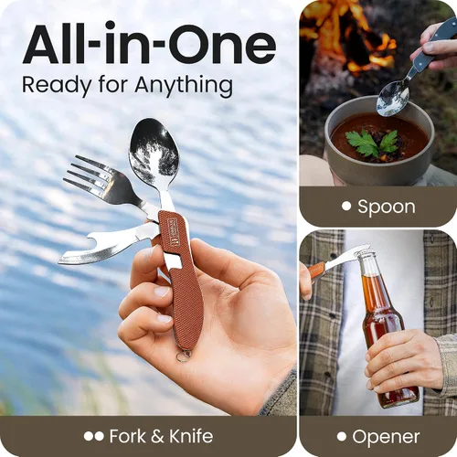 Miniatura 2 de Orblue Utensilios de comida 4 en 1, paquete de 2 – Cuchara portátil, tenedor, cuchillo y abridor de botellas – Cubiertos de acero inoxidable